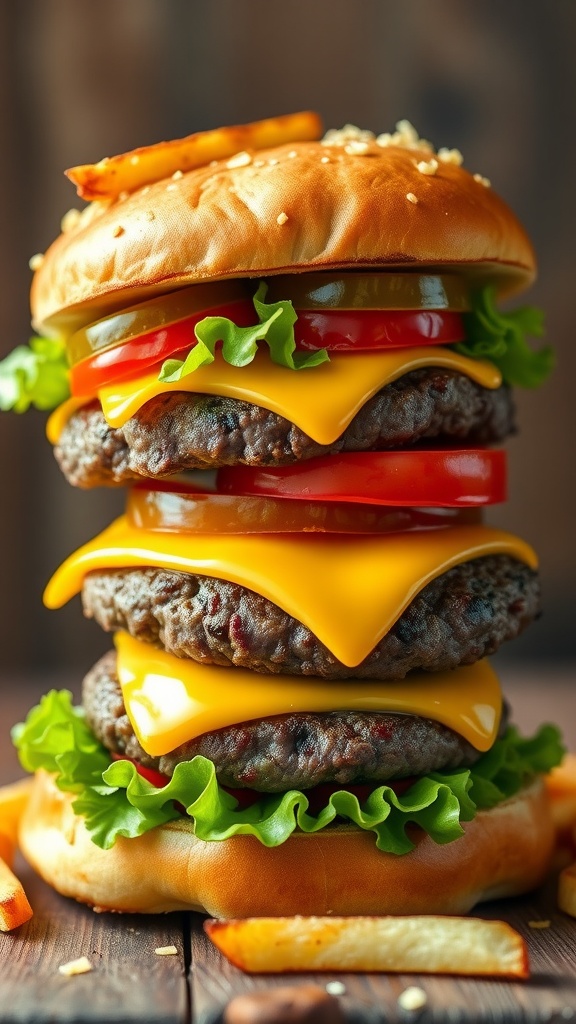 A double decker burger with two patties, cheese, lettuce, tomato, and pickles, served with fries on a rustic table.